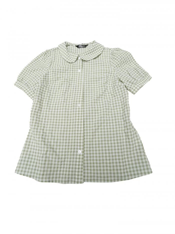 Allegra K チェックブラウス 丸襟 ボタンダウンシャツ パフ半袖 ギンガムトップス レディース ライトグリーン XL