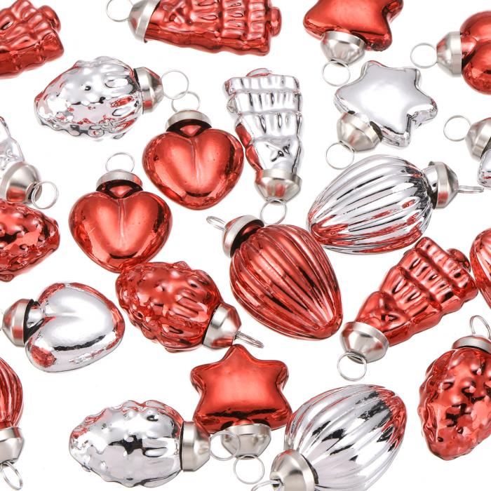 50個 ガラスクリスマスオーナメント シルバー レッド クリスマスツリー 装飾 1-1.5" ヴィンテージ クリスマスツリーオーナメント クリスマスツリー ハロウィン イベント ウェディング用