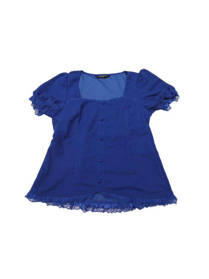 Allegra K カジュアルブラウス 半袖シャツ レーストップス ボタン ハートネック パフスリーブ ゴシック レディース ロイヤルブルー S(4)