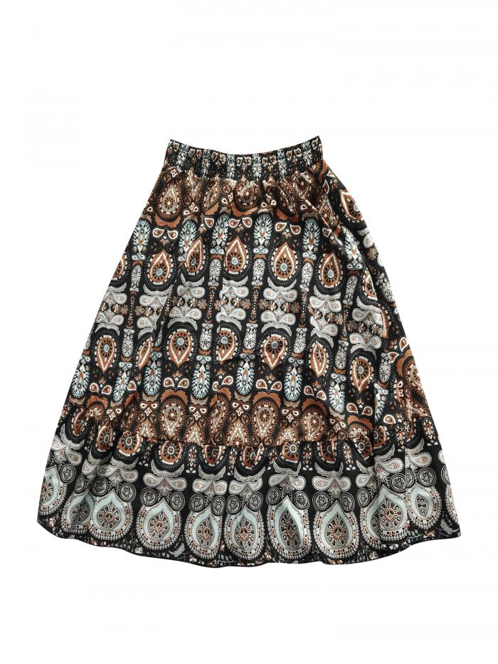 Allegra K レディース 花柄スカート 伸縮性 ハイウエスト カジュアル ビーチ ゆったり マキシスカート ブラック XL