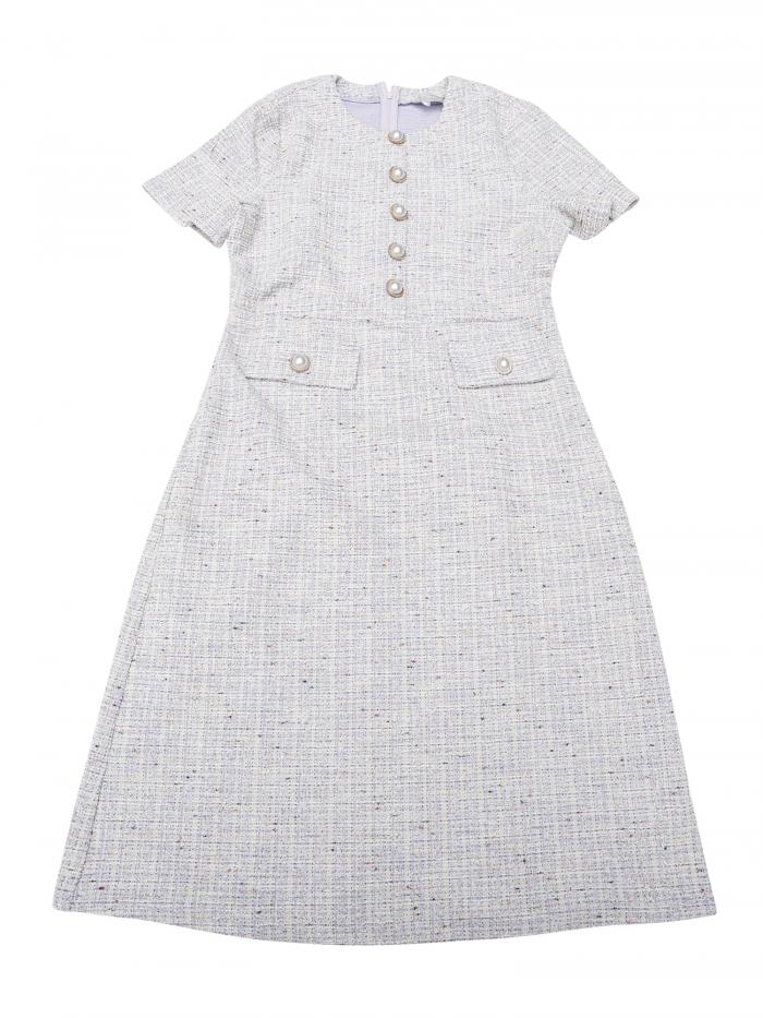 Hobemty レディース ツイードドレス ボタン装飾 半袖 エレガント ワーク シースドレス カジュアルワンピース パープル S