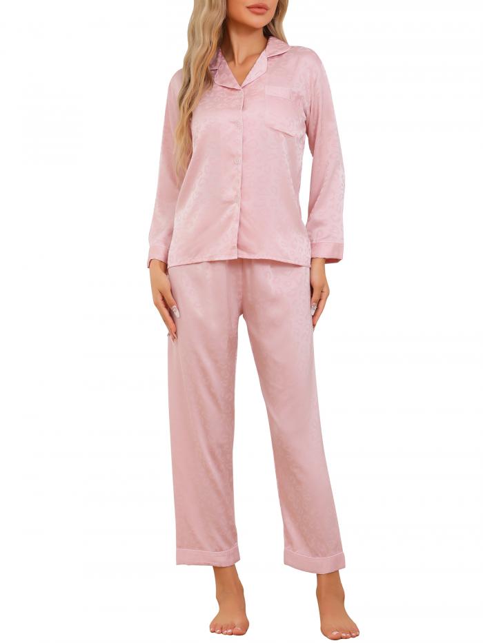 cheibear Cheibear レディース サテン 長袖 ヒョウ柄 フローラル ジャカード ノッチカラー スリープウェア ラウンジセット パジャマセット ピンク M