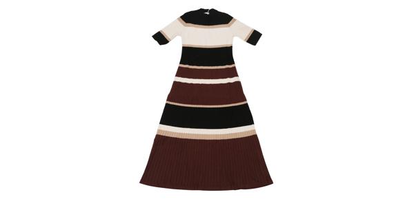 Hobemty レディースストライプミディドレス半袖ベーシックニットAラインドレス ダークカーキ L