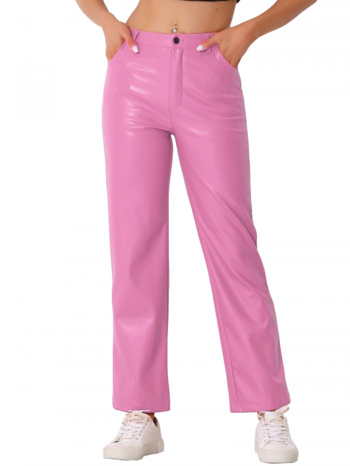 Allegra K パンクパンツ ロングパンツ ハイウエストス トレートレッグ カジュアル PU フェイクレザー レトロ 光沢感 レディース ピンク S
