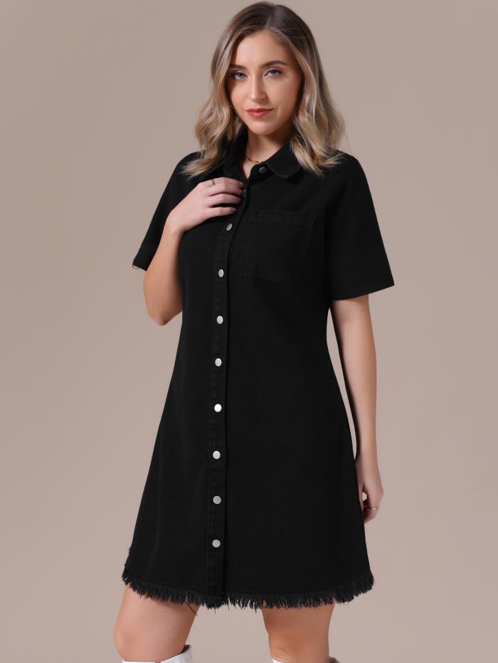 CIMUK CIMUK レディース デニムドレス ボタンフロント ほつれ裾 襟付き 半袖 ジーンズ シャツドレス 黒 2XL