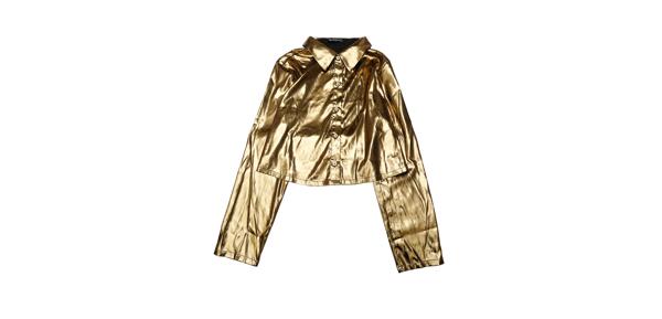 Allegra K レディース 光沢のある メタリックシャツ Vネック ボタンダウン 夏用トップス 金色 S