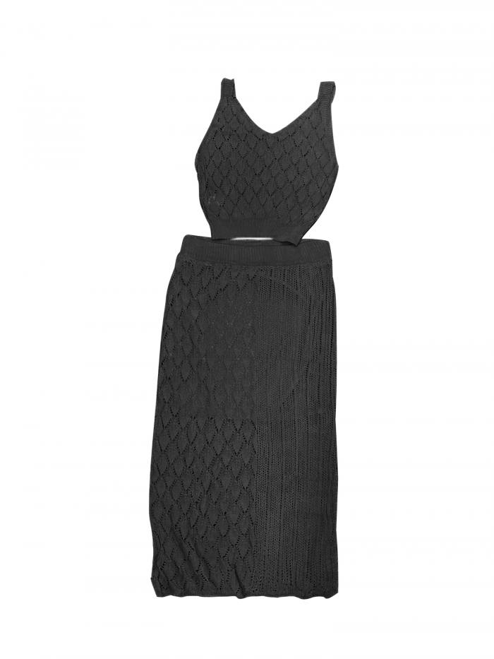 Allegra K レディース 2ピース ホローアウト カバーアップ セット Vネック クロップ タンクトップ スリ..