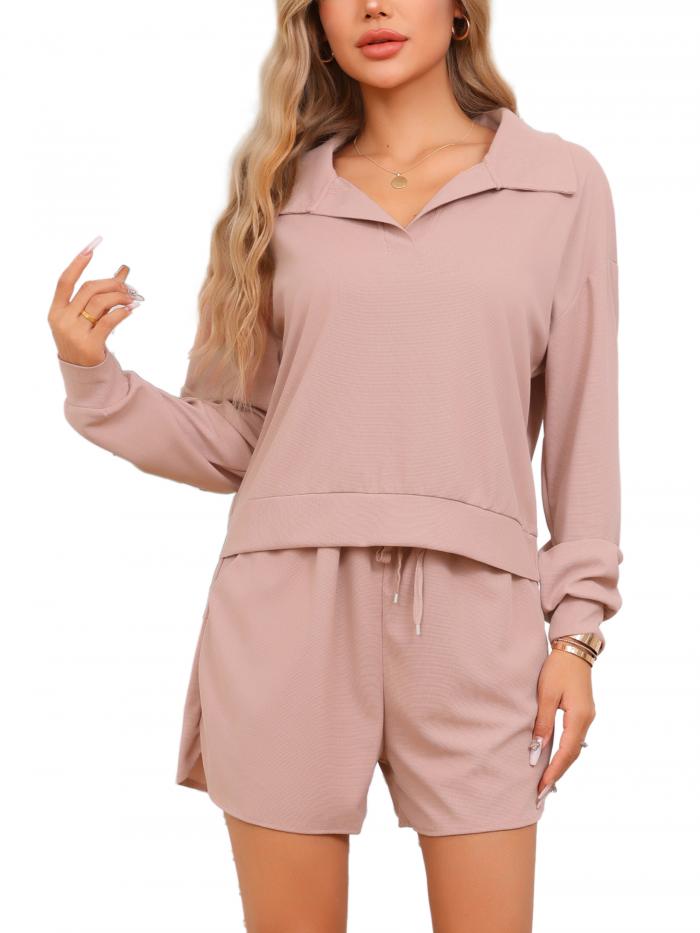 cheibear レディース ワッフルニット パジャマ マッチング衣装 長袖トップスとポケット付きショーツ 2ピース ラウンジセット ピンク M