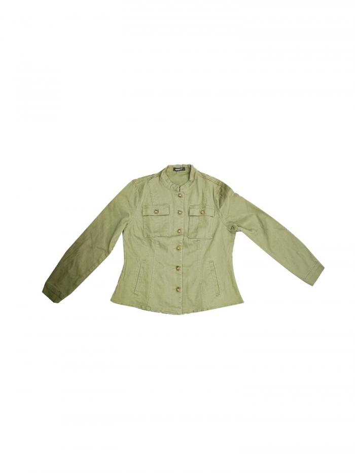 Allegra K デニムジャケット クラシック スタンドカラー ロングスリーブ 胸ポケット付き ジーンズ レディース グリーン XL