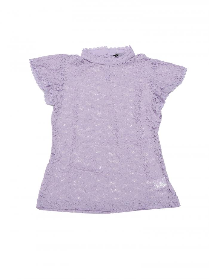 Allegra K ブラウス シースルー 総レース 立て襟 半袖 シャツ オフィス トップス 着痩せ エレガント ゴージャス レディース ライトパープル M