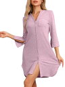 cheibear レディース 半袖 ナイトシャツ ボタンダウン ナイトガウン ニット ストレッチ ソフト スリープドレス パープル L
