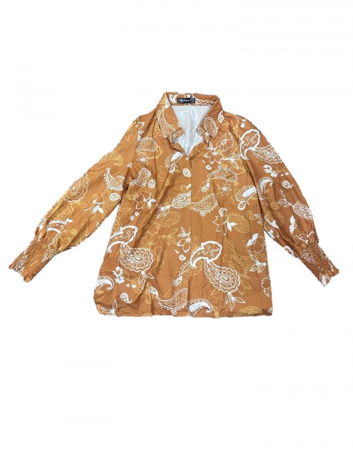 Allegra K レディース カジュアル Vネック ブラウス 花柄 ロールアップ 長袖 シフォン ボタンダウン ファッション トップ シャツ オレンジ S