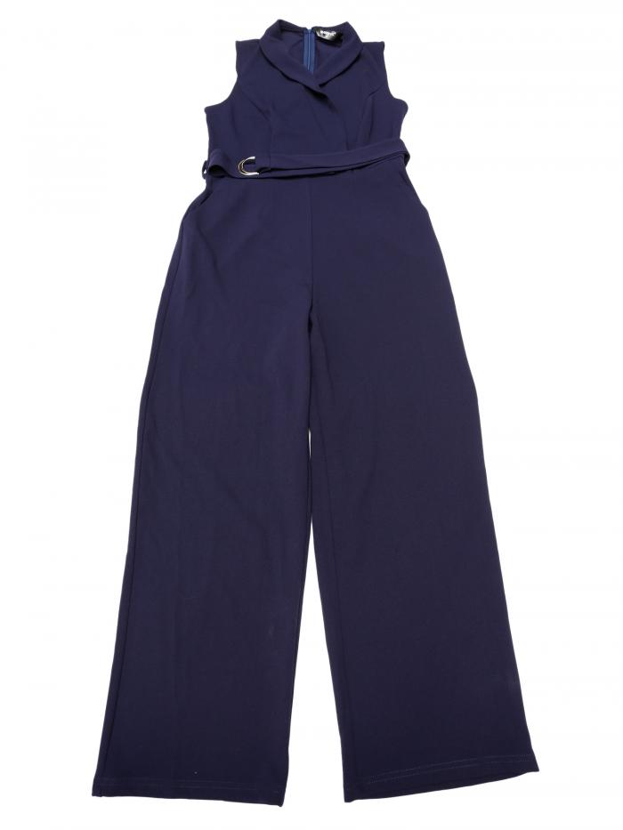 Allegra K ジャンプスーツ ロンパース サロヘ゜ットパンツ 無地 ノースリーブ Vネック オフィス ベルト付き レディース ネイビーブルー XS