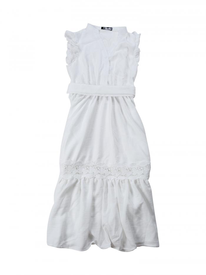 Allegra K レディース用ノースリーブサマードレス Vネック フリル ベルト付きサンドレス Aライン ゆったりとしたビーチドレス クリームホワイト XS