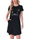 cheibear レディース 半袖パジャマ プリントスリープシャツ ナイトシャツ ソフトスリープウェア かわいい猫柄ナイトガウン 黒 S