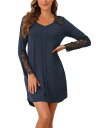 cheibear レディース 長袖 ナイトガウン レーストリム Vネック ナイトシャツ 寝巻き パジャマ ドレス ネイビーブルー XL