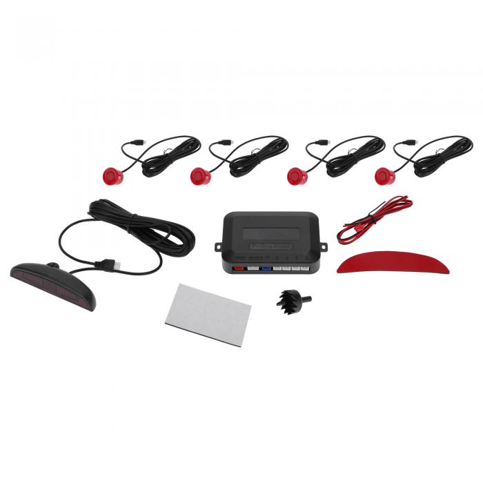 Motoforti ユニバーサルカーオート車両リバースバックアップレーダーシステムリバースパーキングセンサーアラームブザーリマインダーディスタンス検出赤4パーキングセンサー