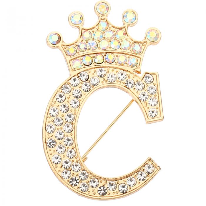 PATIKIL レターブローチピン クラウンイニシャルラインストーンアルファベットCレター襟先バッジピン 女性用スーツドレス コートクローズクラフト 金