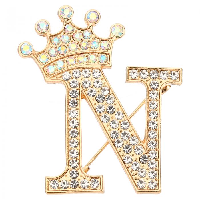 PATIKIL レターブローチピン クラウンイニシャルラインストーンアルファベットNレター襟先バッジピン 女性用スーツドレス コートクローズクラフト 金