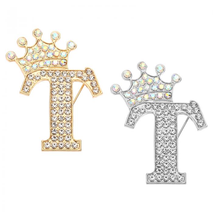 PATIKIL レターブローチピン 2個セット クラウンイニシャルラインストーンアルファベットTレター襟先バッジピン 女性用スーツドレス コート衣類クラフト 金...