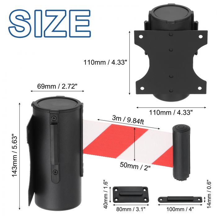 PATIKIL 固定壁掛け伸縮ベルトバリア 9.84フィートの固定伸縮ベルトバリア 鋼製ケース付き 人混み管理 小売店 スタジアム用 黒/レッド/ホワイト