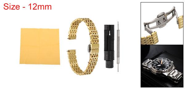 ステンレススチールメッシュウォッチバンド12mmクイックリリースメタルウォッチストラップ調整可能な折りたたみ蝶タック交換バンドメンズ女性用 金トーン