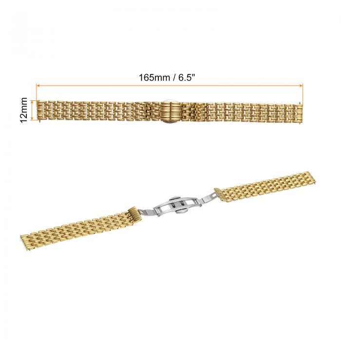 ステンレススチールメッシュウォッチバンド12mmクイックリリースメタルウォッチストラップ調整可能な折りたたみ蝶タック交換バンドメンズ女性用 金トーン