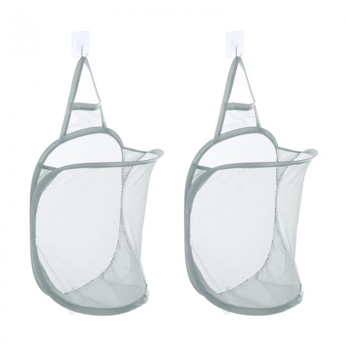吊り下げ式ランドリーバスケット 折りたたみ式メッシュランドリーバスケット フック付き 汚れた衣類の自宅保管 キャンプ旅行 ホテルでの使用 グレー 2個