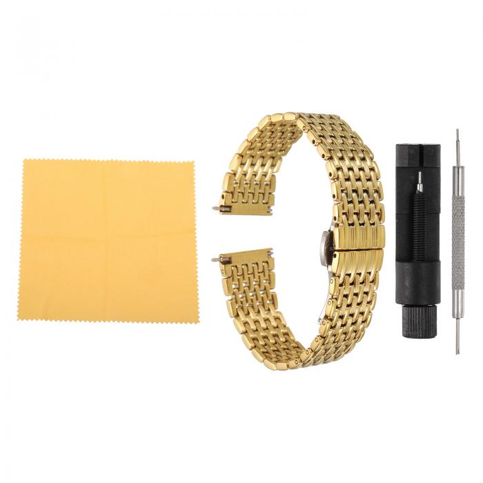 18mmステンレススチールメッシュウォッチバンド クイックリリースメタルウォッチストラップ 調整可能な折りたたみ蝶タック 男性用女性用 金トーン&#10;