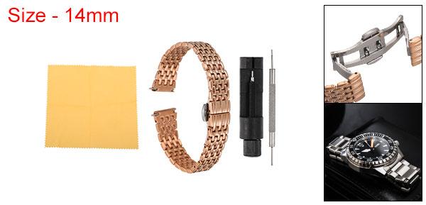 14mmステンレススチールメッシュウォッチバンド クイックリリースメタルウォッチストラップ 調整可能な折りたたみ蝶タック交換バンド メンズ・レディース用 ローズ金&#10;