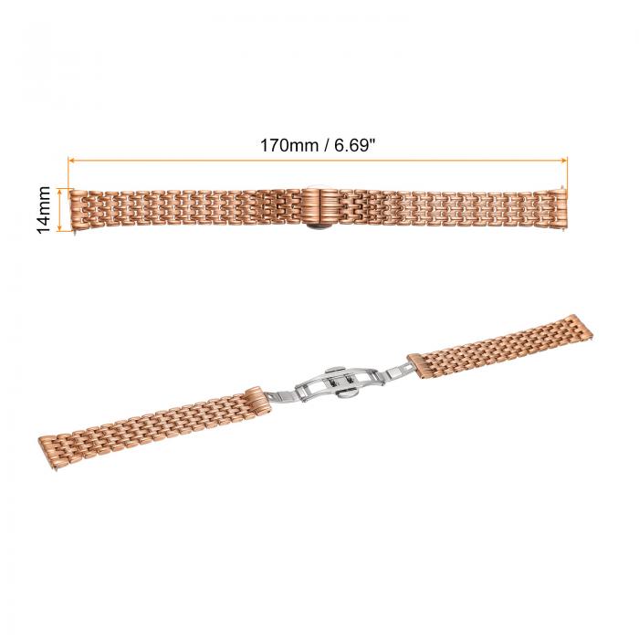 14mmステンレススチールメッシュウォッチバンド クイックリリースメタルウォッチストラップ 調整可能な折りたたみ蝶タック交換バンド メンズ・レディース用 ローズ金&#10;