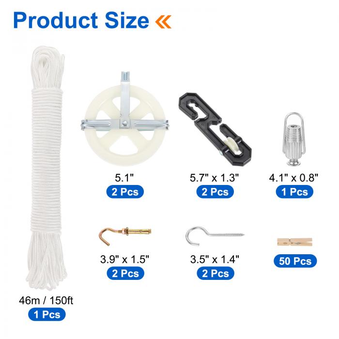 屋外用物干しキット 5"物干しプーリー 150ft物干しロープ S-セパレータースプレッダープーリー 物干しテンショナー 50個の洗濯バサミ 屋内外兼用&#10;&#10;