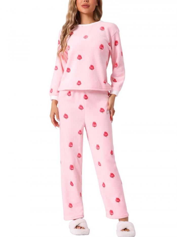 cheibear パジャマ ラウンジウェア ハート柄 冬 フリース フランネル 上下セット レディース ストロベリーピンク L