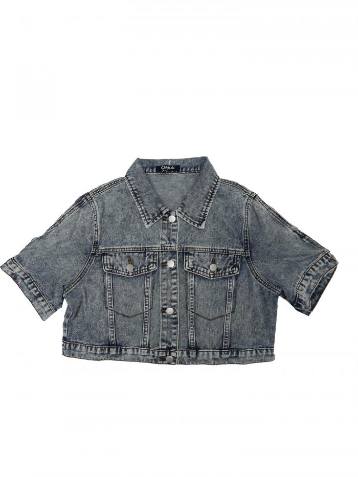 Allegra K レディース デニムジャケット クロップド丈 半袖 ボタンアップ ほつれウォッシュ加工 ジーンズ ジャケット グレーブルー L