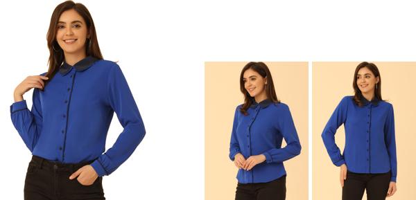 Allegra K 丸襟ブラウス シャツ オフィス ビジネス 長袖 ボタン トップス 春 秋 レディース ロイヤルブルー M