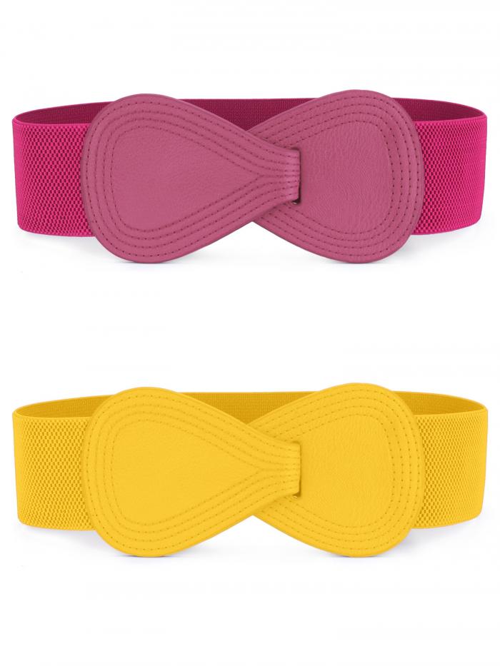 Allegra K 太 ワイドベルト ゴムベルト 伸縮性 ウエストベルト インターロック 8字型 レディース イエロー ローズレッド 85cm