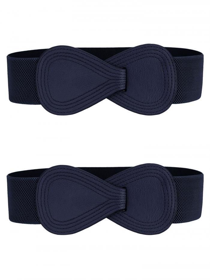 Allegra K 2Pcs Interlock 8-shaped Buckle Elastic Faux Leather Stretch Waist Belt for Lady Dark Blue 68.6x6cm/27x2.36"(LxW)