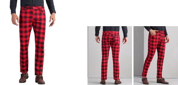 Lars Amadeus メンズ用チェック柄プリントドレスパンツ フラットフロント ストレッチ スリムフィット ロングズボン 赤、黒 2XL