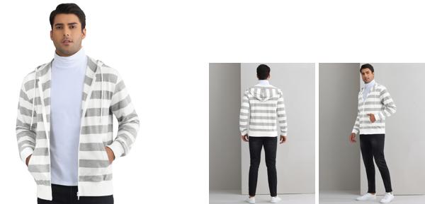 Lars Amadeus メンズ用ストライプパーカー ジップアップ 長袖 カラーブロック ポケット付きジャケット 横縞 グレーホワイト 2XL