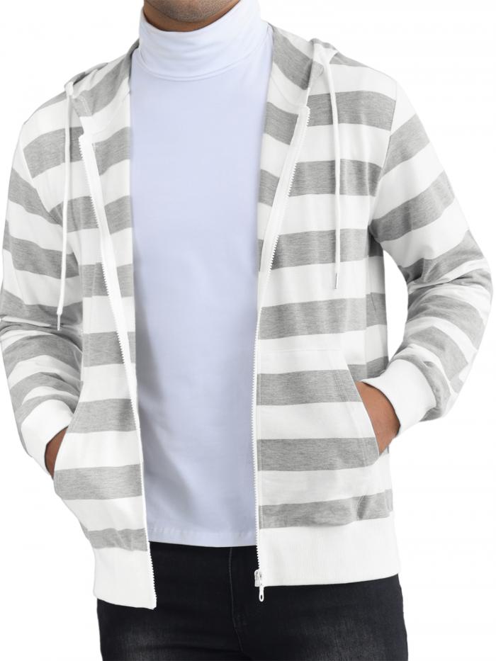 Lars Amadeus メンズ用ストライプパーカー ジップアップ 長袖 カラーブロック ポケット付きジャケット 横縞 グレーホワイト 2XL