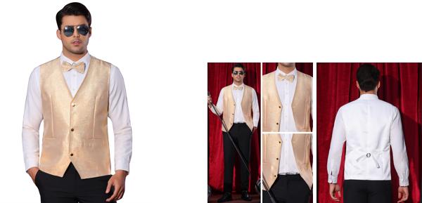 Lars Amadeus メンズクラブウェア用メタリックウエストコート 輝くフォーマルベスト パーティー用 ノースリーブ グリッターベスト 金色 2XL