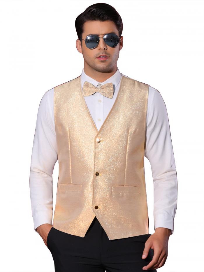 Lars Amadeus メンズクラブウェア用メタリックウエストコート 輝くフォーマルベスト パーティー用 ノースリーブ グリッターベスト 金色 2XL