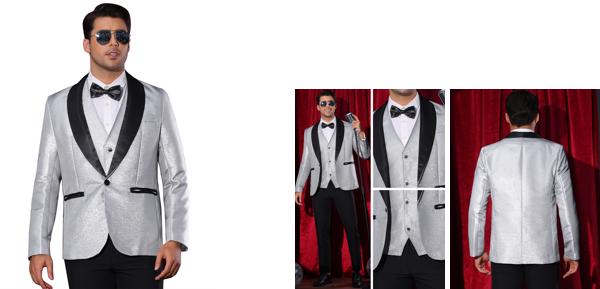 Lars Amadeus メンズ グリッターブレザー ショールラペル ウェディング メタリック スポーツコート パーティー 輝く スーツジャケット シルバー XL