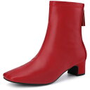 Allegra K レディース スクエアトゥ ブロックヒール アンクルブーツ レッド 23.0cm