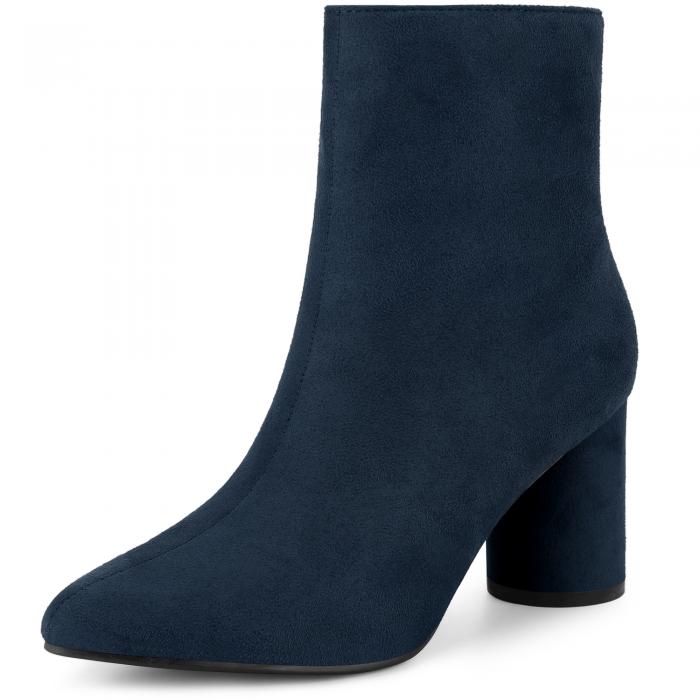 Allegra K レディース ポインテッドトゥ サイドジップ ブロックヒール アンクルブーツ ダークブルー 23..