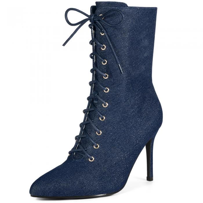 Perphy ポインテッドトゥ レースアップ スティレットヒール アンクルブーツ レディース ブルー 27.0cm
