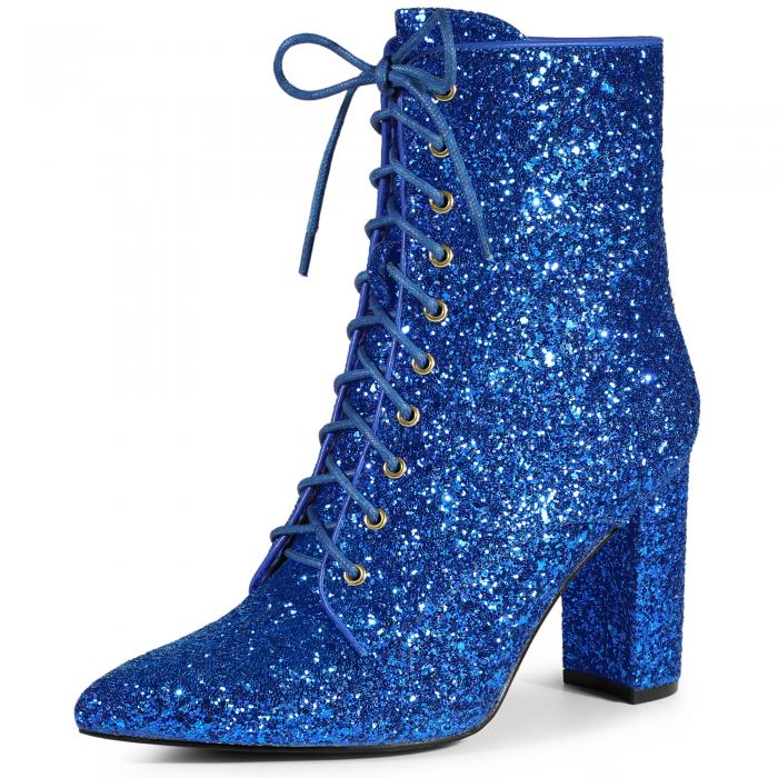 Perphy 女性用グリッターレースアップブロックヒールアンクルブーツ ロイヤルブルー 23.5cm
