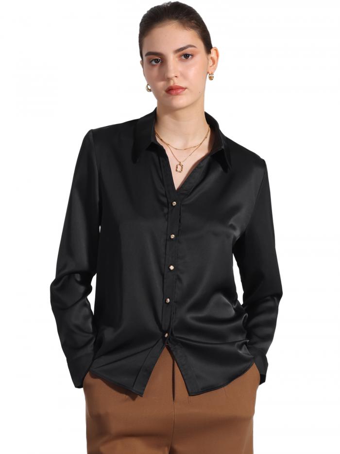 Allegra K レディース ワーク オフィス シャツ Vネック ボタンダウン 長袖 シフォン ブラウス トップス ブラック S