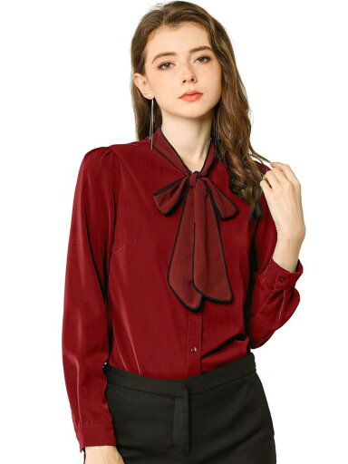 Allegra K ボウタイブラウス リボンブラウス リボンタイ シャツ 長袖 無地 オフィス レディース ダークレッド S Allegra K ボウタイブラウス リボンブラウス リボンタイ シャツ 長袖 無地 オフィス レディース ダークレッド S
