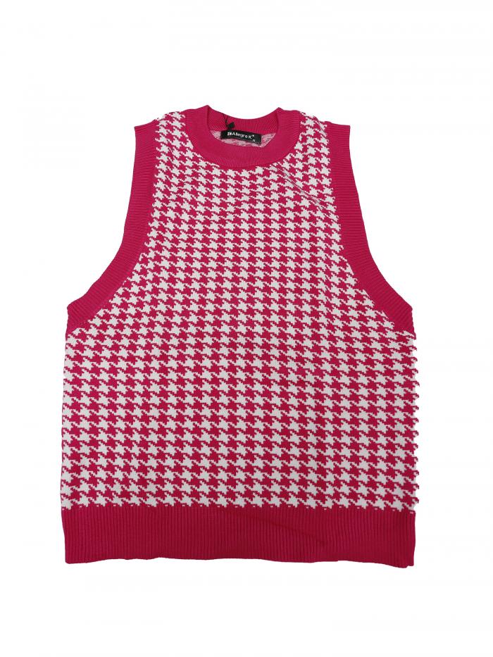 Allegra K ベスト ニットセーター ノースリーブ ラウンドネック 千鳥格子 チェック柄 レディース ホッ..